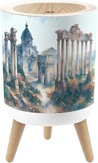 Bathroom Trash Can with Lid Italy Rome Landmark Forum Ancient Buildings Ruins Watercolor Painting Garbage Bin Waste Basket for Kitchen Office Bedroom Decoration Diaper Pail 1.8 Gallon
