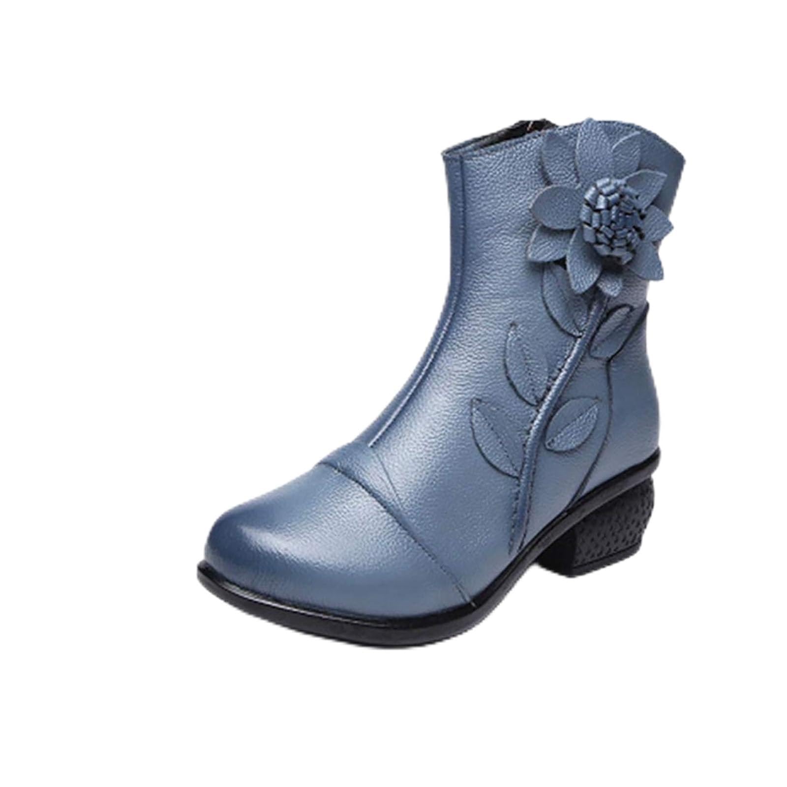 Cubicbee Women's Retro Handmade Flower Leather Ankle Boots Ethnic Floral Round Toe Block Low Heel Mid Calf Boots with Side Zipper (Blue-plush,9,9)