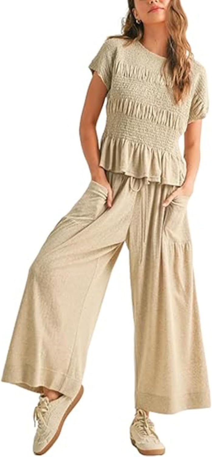 Women's 2 Piece Smocked Lounge Set Ruffled Hem Fashion Top Long Pants Summer Cool Breathable And Sun Protective Outfit Set