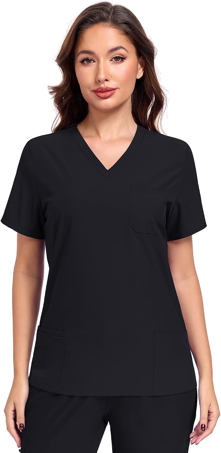 Scrub Tops for Women Soft Stretch – V Neck Medical Scrub Top with 3 Pockets, Nurse Uniform Shirt, Easy Care Work Scrubs