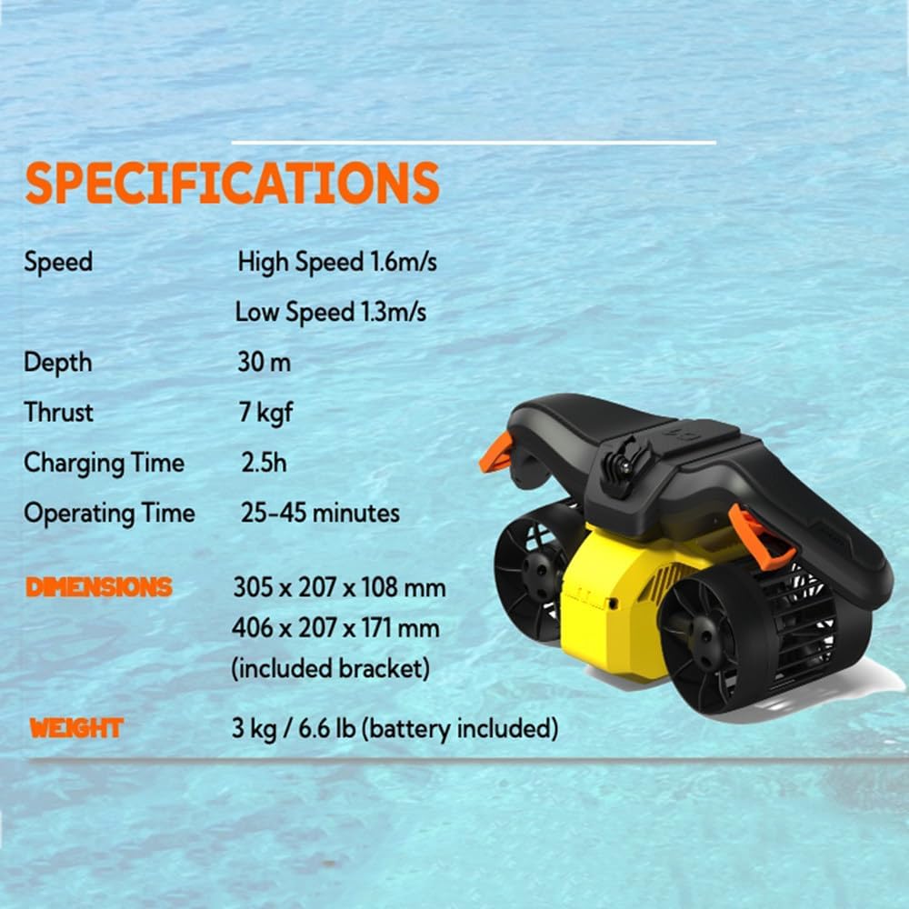 Underwater Scooter, 2-Speed Adjustment, 30-60 Minutes Battery Life, 0-30 Meters Working Depth, 4.7 Km/H, Lightweight and Portable, Suitable for Swimming Pools, Diving Aids, Snorkeling