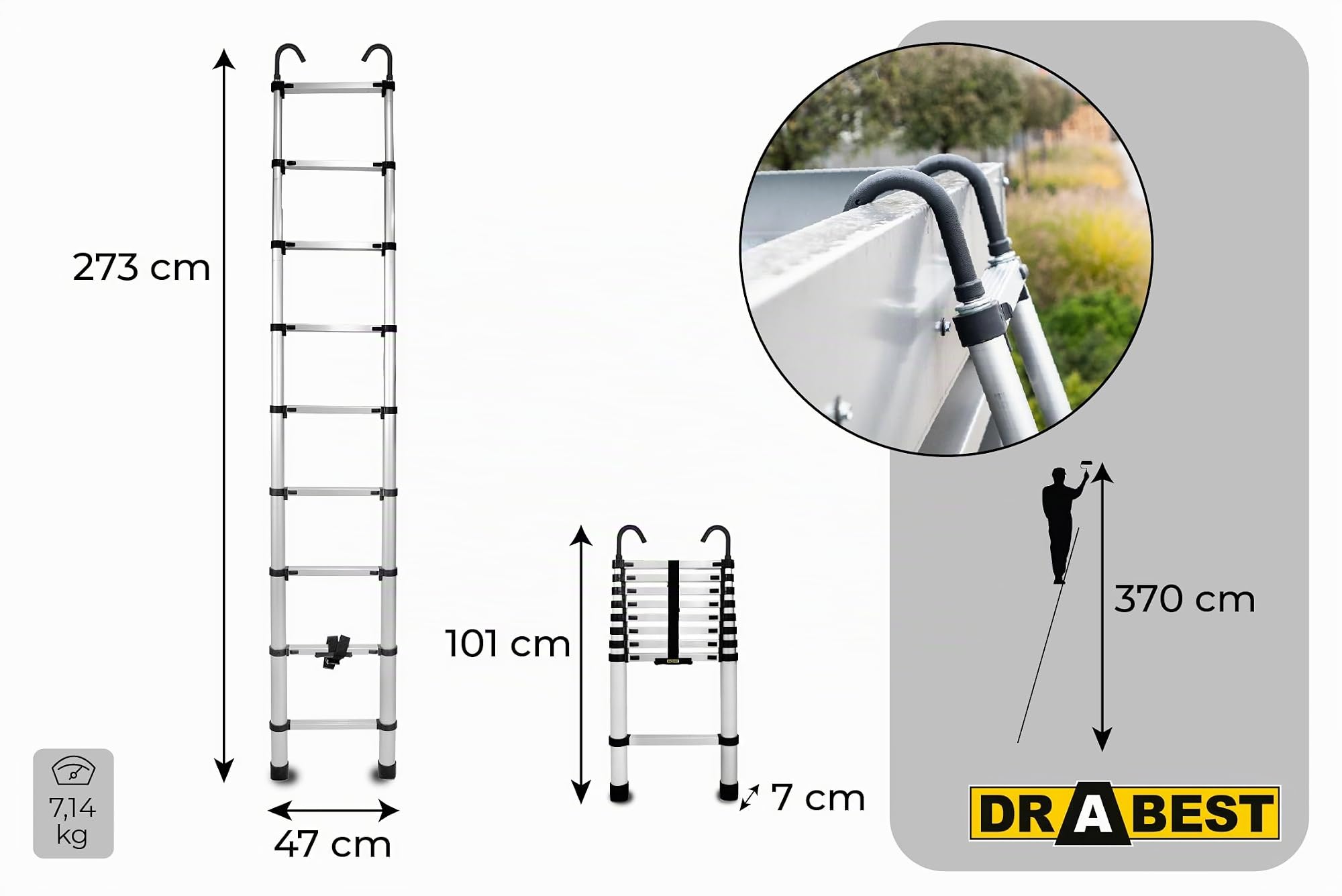 Drabest Échelle Télescopique en Aluminium avec Crochets de Fixation – Échelle Extensible – Escabeau Pliable en Aluminium – Multifonctionnelle – 9 Marches-Pieds – Hauteur 2,6 m