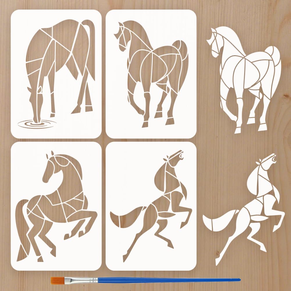 FINGERINSPIRE 4 Pcs Geometric Horses Painting Stencil with Paintbrush 29.7x21cm Reusable Elegant Horse Stencils for Painting on Wood, Fabric, Canvas & Furniture Home Decor