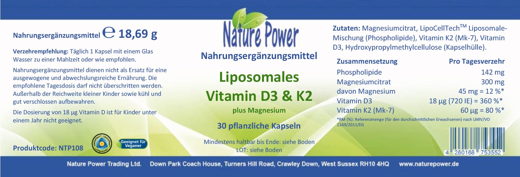 Liposomales Vitamin D3 & K2 plus Magnesium : 4 + 1 Angebot | von Nature Power | 5 x 30 pflanzliche Kapseln