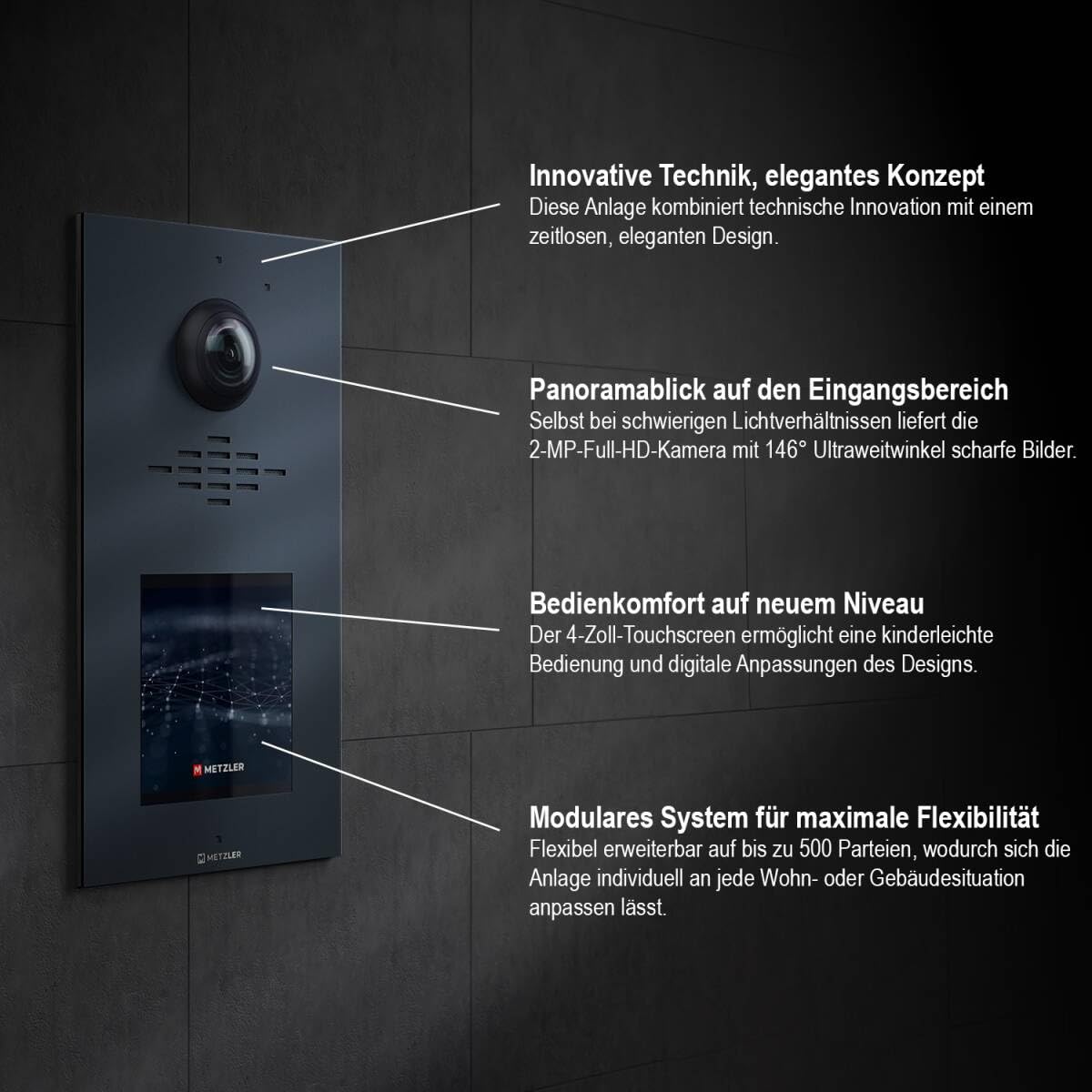 Metzler Video Sprechanlage für 1-500 Parteien Komplett Set - Anschluss 2-Draht - Türsprechanlage mit IPS Touchscreen-Display und 1x Innenstation Kit, Anthrazit aus V2A Edelstahl | VDM10 2.0 Horizon