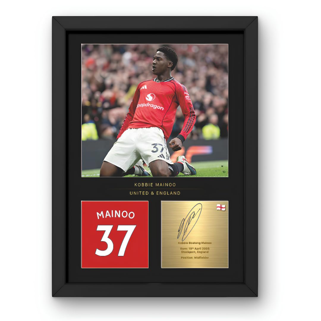Win FC Kobbie Mainoo A4 Framed Photo Display - Reproduced Digital Signature - Gift For United Fans