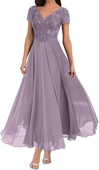 Tea Length Mother of The Bride Dresses Short Sleeve Lace Chiffon Embroidery A-line Formal Dress for Wedding Wisteria US8