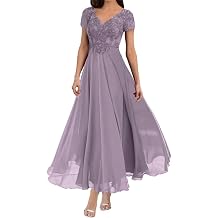 Mother of The Bride Dresses for Wedding Tea Length Lace Chiffon A Line V Neck Short Sleeve Formal Evening Dress for Women