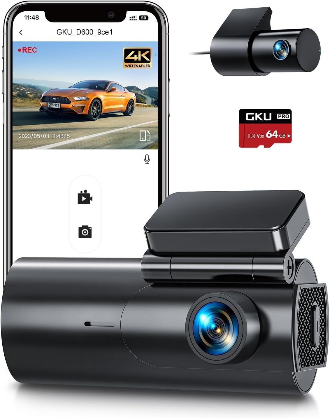 Dash Cam Front and Rear Camera – 4K+1080P Dual Dash Camera for Cars with 64GB SD Card, 5G/2.4GHz WiFi & App Control, Night Vision, Parking Mode, G-Sensor, Loop Recording, WDR, 170° Wide Angle