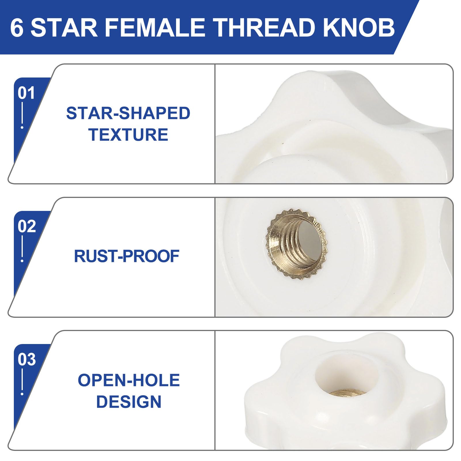 PATIKIL Dadi Di Bloccaggio M5 X 25mm, 10 Pezzi Manopole A Stella A Foro Passante Con Filettatura Femmina Per Bulloni A T-Rail Macchinari, Bianco