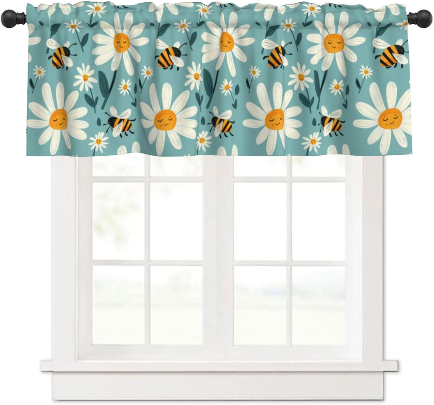 Valance for Windows Cartoon Smile Daisy Bee Kitchen Curtains Valances Rod Pocket Cute Floral Blue Window Treatment Short Topper Curtains 1 Panel, 54x18inch