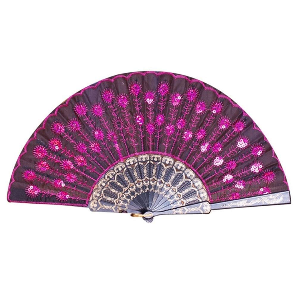 NZPOST Folding fan Peacock Pattern Folding Hand Held Fan Embroidered Sequin Party Wedding Prom Chinese Spain Hand Fan Folding fan (G)