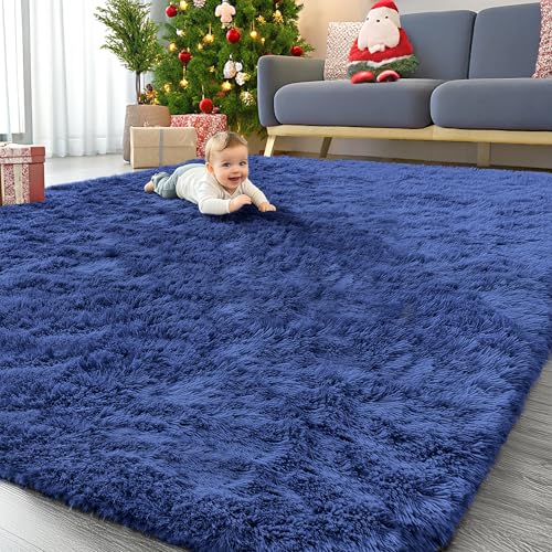 OLANLY 9x12 Machine Washable Large Area Rugs for Living Room, Bedroom, Soft Fluffy Shaggy Bedside Rug, Indoor Floor Carpet for Kids Girls and Boys, Dorms, Nursery, Home Decor Aesthetic, Navy Blue