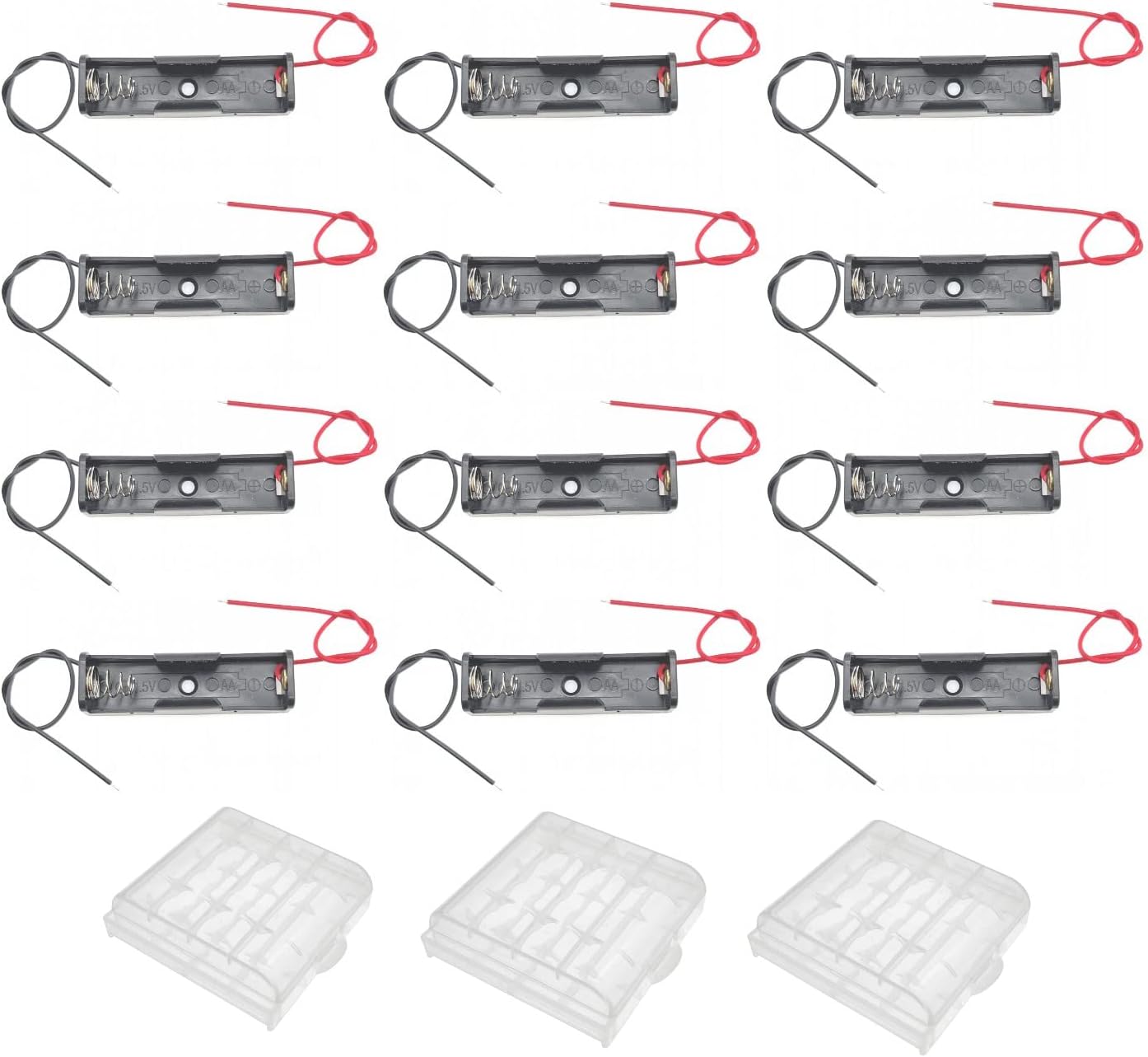 JZK12PCS Single AA Battery Holder with Wire Leads, plastic AA cell battery holder case with leads, 1.5V AA Battery Holder Box, plus 3 Cell Battery Storage Case