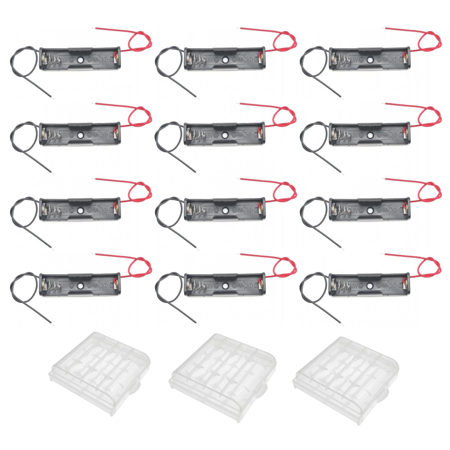 JZK12PCS Single AA Battery Holder with Wire Leads, plastic AA cell battery holder case with leads, 1.5V AA Battery Holder Box, plus 3 Cell Battery Storage Case