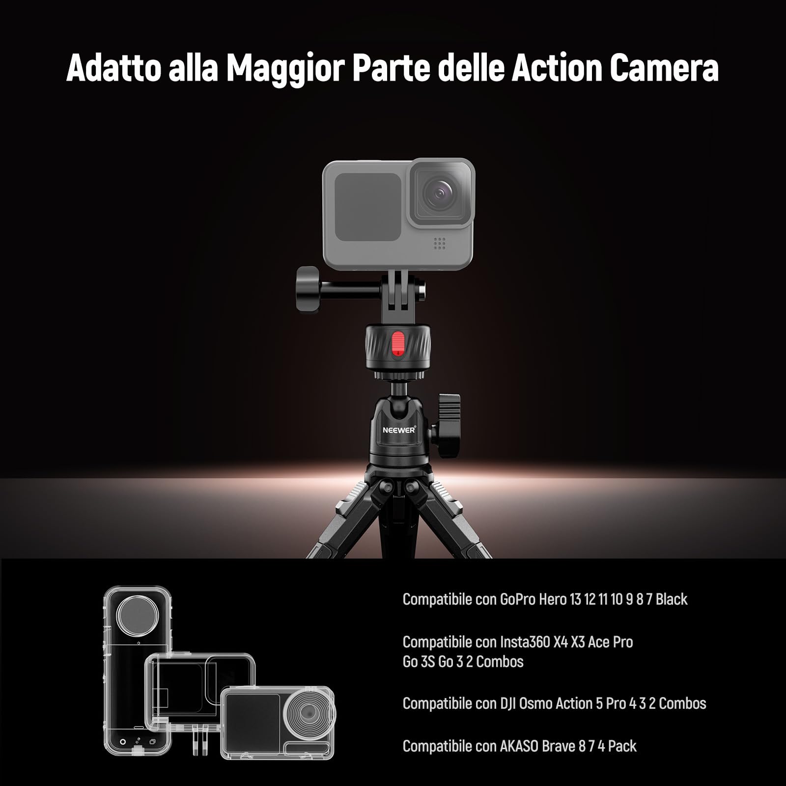 NEEWER GP-24 Kit Accessori di Supporto Action Camera per Riprese POV, Attacco Magnetico a Sgancio Rapido 4in1 in ABS con Filettatura 1/4" e Panno Pulizia Compatibile con GoPro DJI Osmo Action Insta360