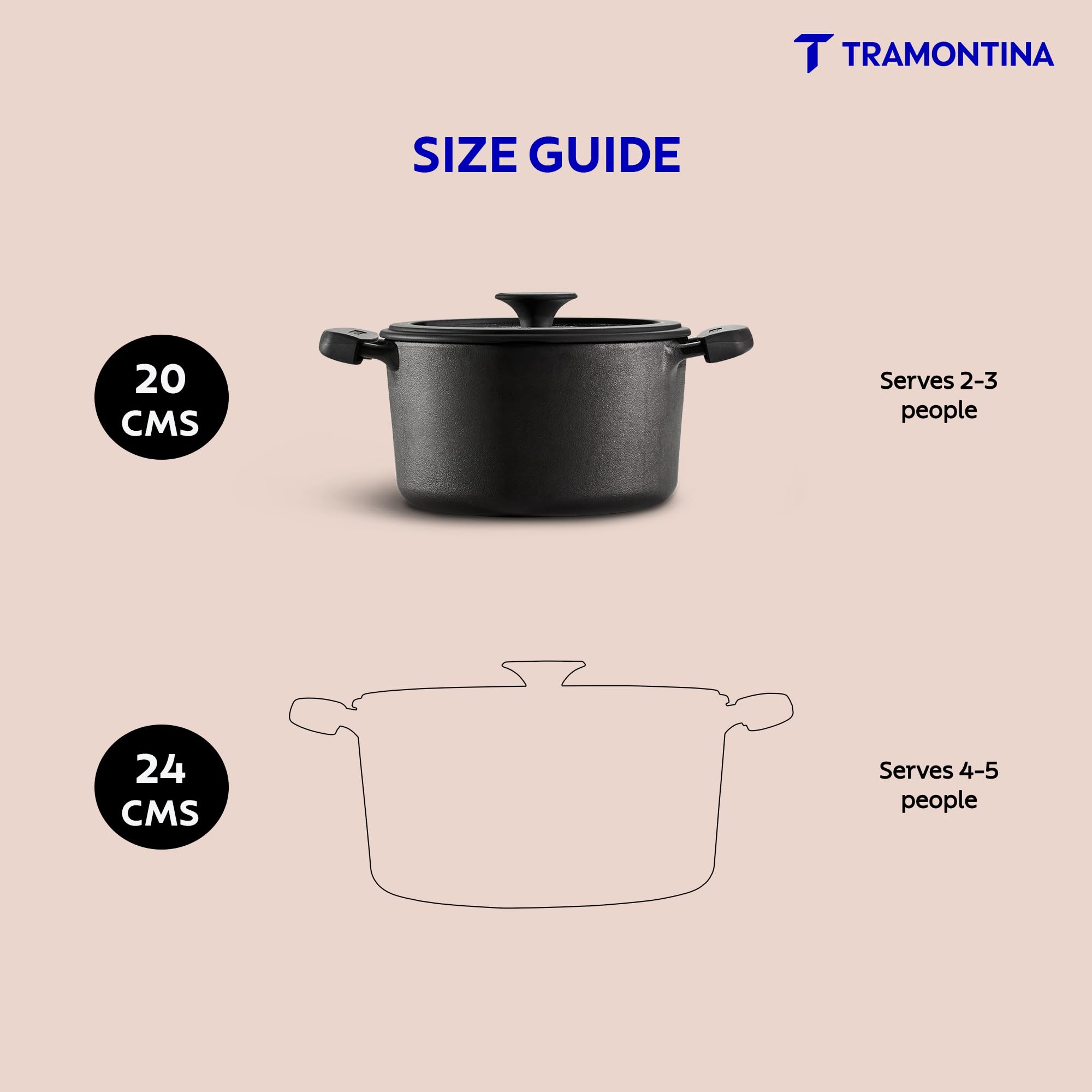 Tramontina TITANEX 20cm / 3.1L Pre-Seasoned Heritage Cast Iron Casserole with Toughened Glass Lid | Gas/Induction Compatible Biryani Pot | Stock Pot with Snap-On Silicone Grips | Life-Time Warranty