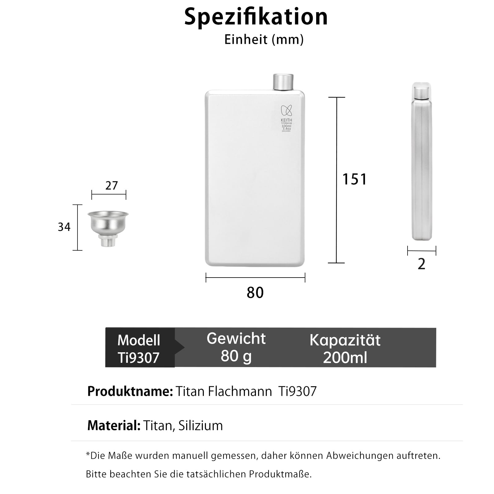 KEITH Titan Flachmann Tragbare Hip Flask klein Wasserflasche für Whisky, Likör und Alkohol mit Trichter, Campingausrüstung (200ml Ti9307)