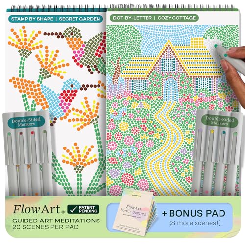Lifelines FlowArt Activity Pad, 2-Pack & Bonus Pad - Guided Dot Art Meditations with Markers - Dot-by-Letter & Stamp-by-Shape Coloring Books for Tweens, Adults & Seniors
