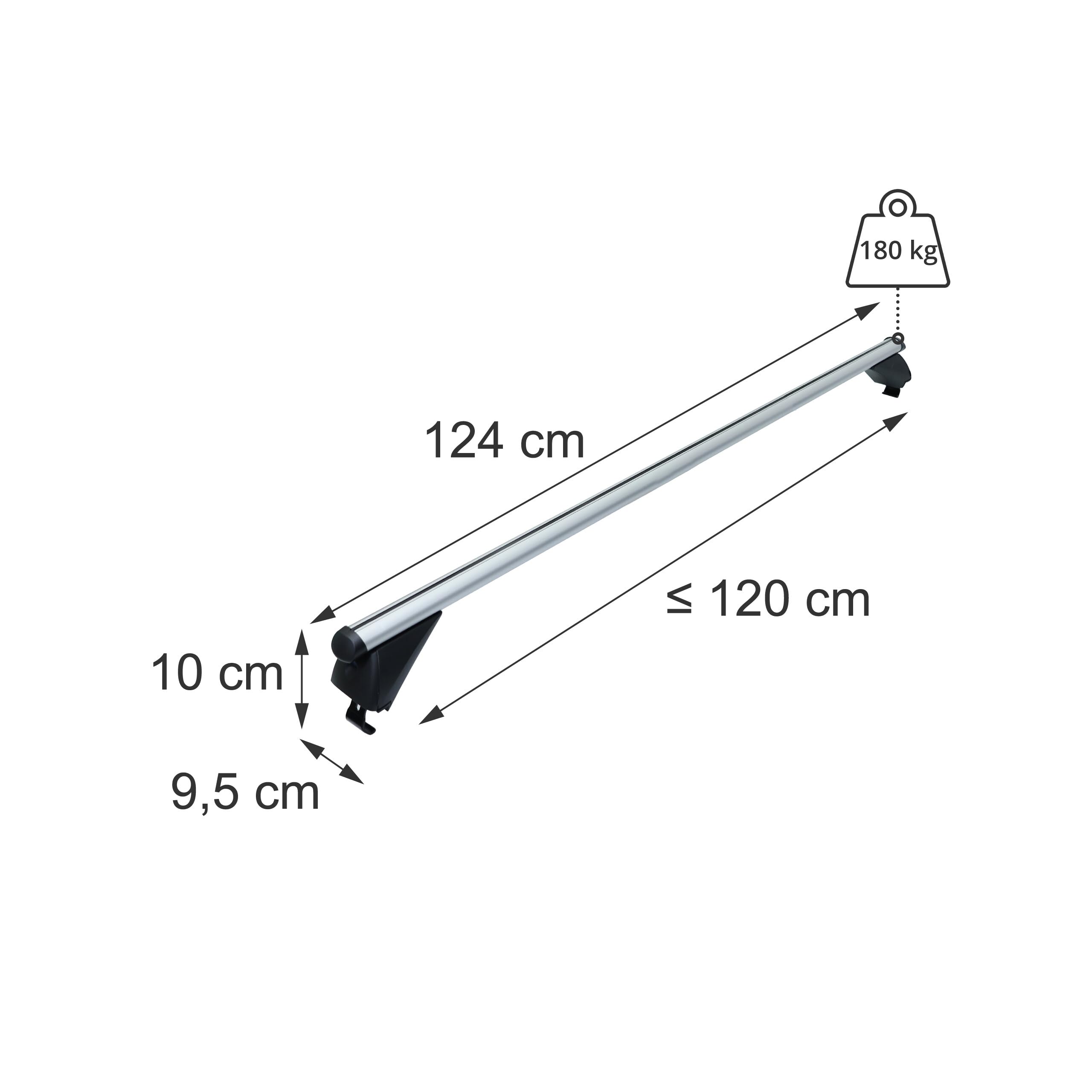 Relaxdays Dachträger, geschlossene Reling, 124 cm, Silber | Spannweite 110 cm, Querträger, 180 kg, Dachgepäckträger, Alu