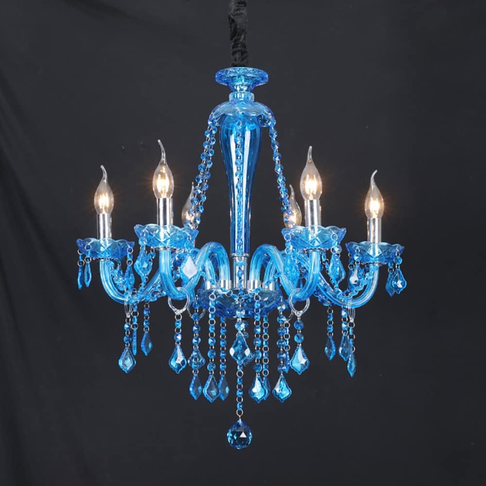 Classic Crystal Chandelier, Vintage Candle Pendant Light Fixture, Bedroom Hanging Light, Adjustable Island Lights for Dining Room Foyer in Blue (6 Lights)