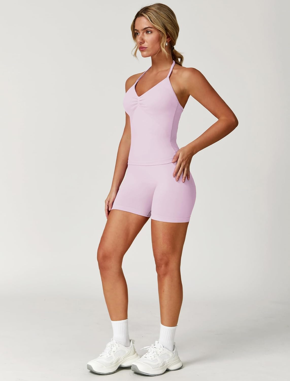 ABOCIW Workout Sets for Women 2 Piece Seamless Impact Longline Strappy Top Scrunch Butt High Waist Biker Shorts Gym Set - Image 4