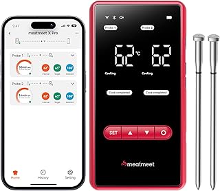X Pro Fleischthermometer kabellos mit Bluetooth & WLAN, 2 Sonden 6 Sensoren, Einteiliges Edelstahldesign, IP69 Wasserdicht, 582°C Hitzebeständigkeit, Grill Ofen Küche Heißluftfritteuse