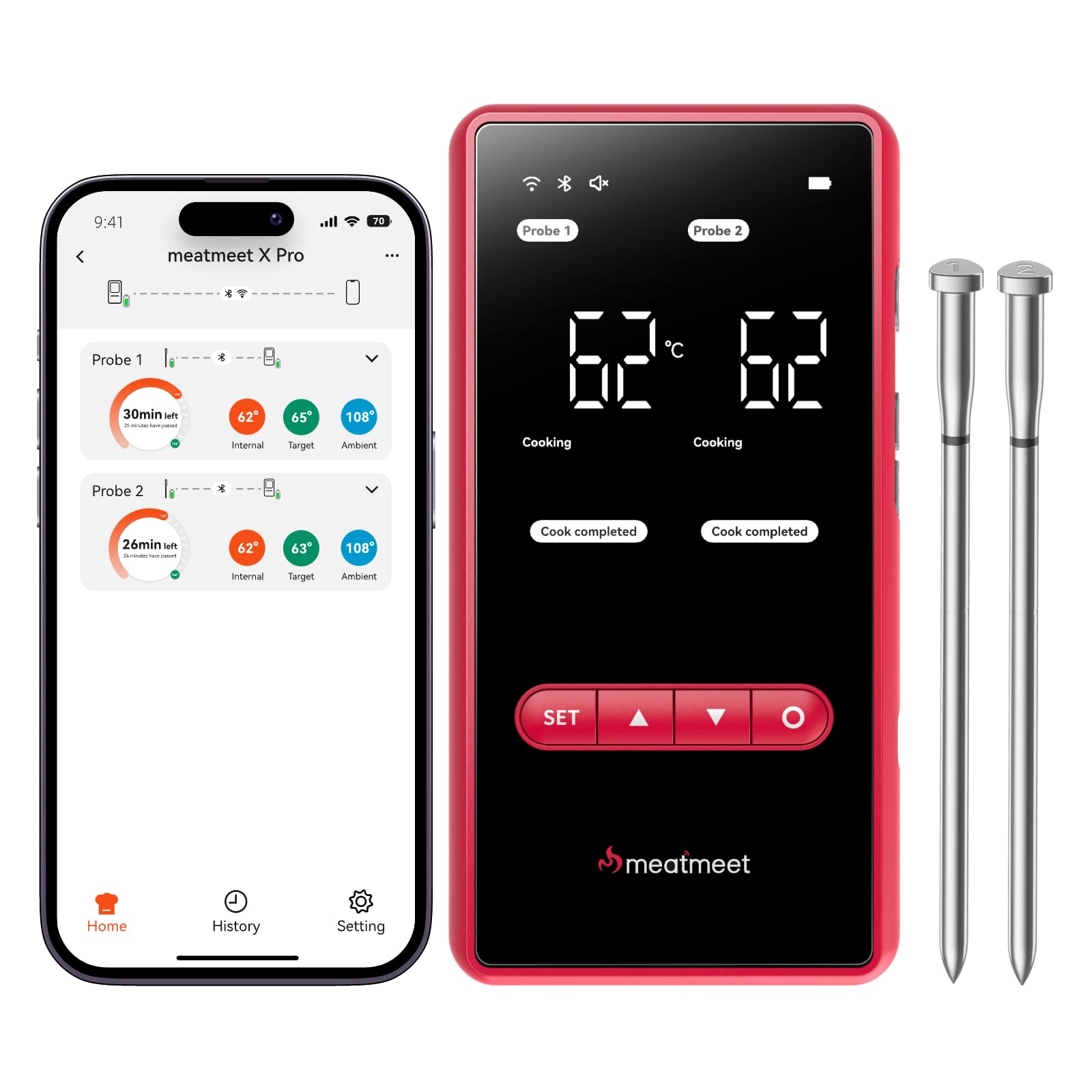Meatmeet X Pro Fleischthermometer kabellos mit Bluetooth & WLAN, 2 Sonden 6 Sensoren, Einteiliges Edelstahldesign, IP69 Wasserdicht, 582°C Hitzebeständigkeit, Grill Ofen Küche Heißluftfritteuse