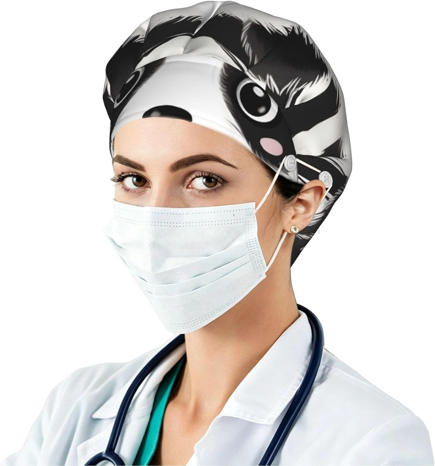 Black and White Panda Bouffant Cap with Buttons, Sweatband Cap