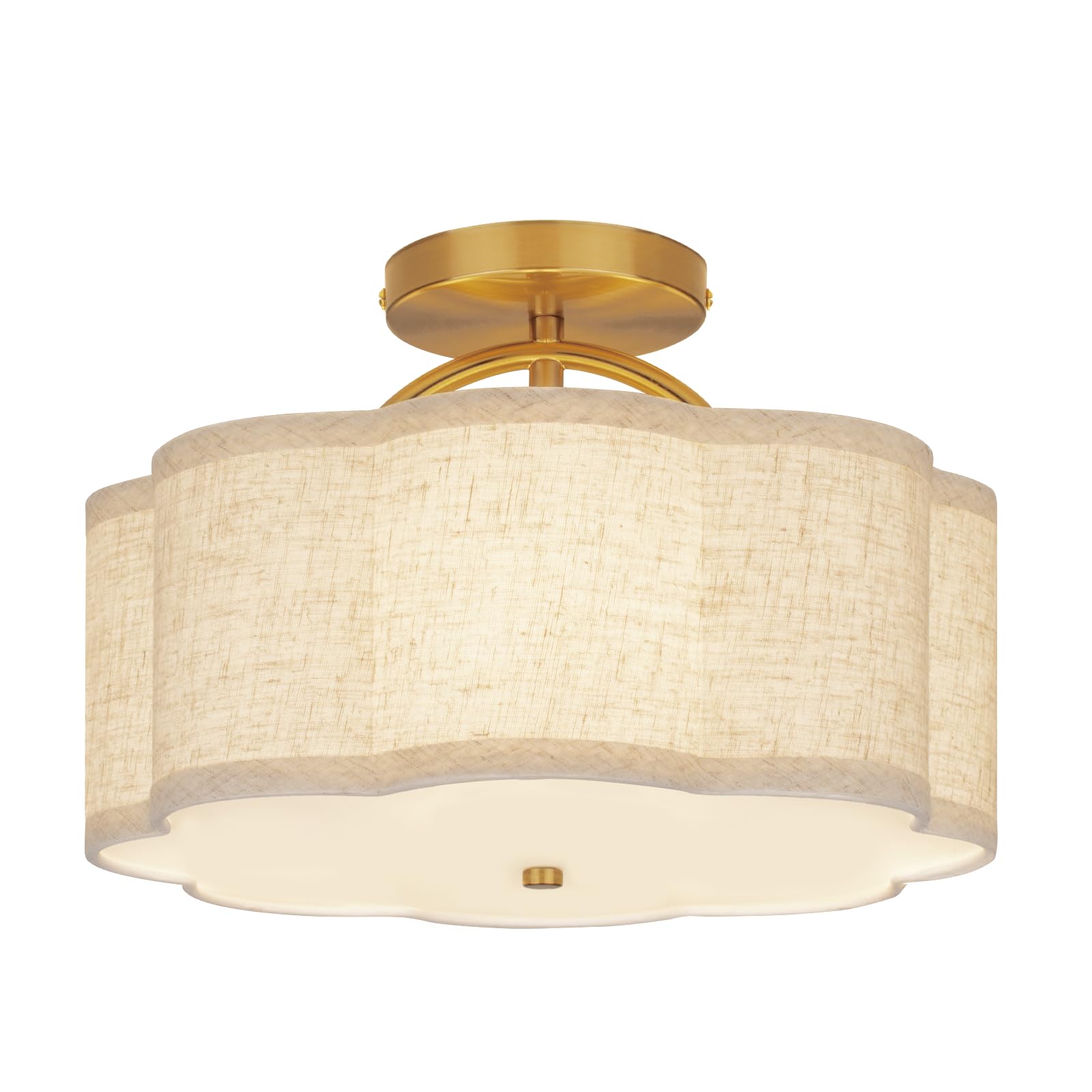 CALOKES Deckenleuchte, 3-flammig, Ø 30 cm – Elegante Blütenform mit beigem Leinenschirm & goldenem Arm. Ideal für Schlafzimmer, Küche, Wohnzimmer, Flur oder Eingangsbereich