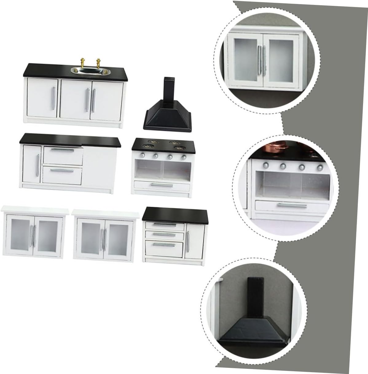 Homoyoyo 12 Scale Mini Wooden Dollhouse Kitchen Furniture Set, White Miniature Gas Stove and Cabinets, 7pcs Mini House Kitchen Accessories for Creative Play