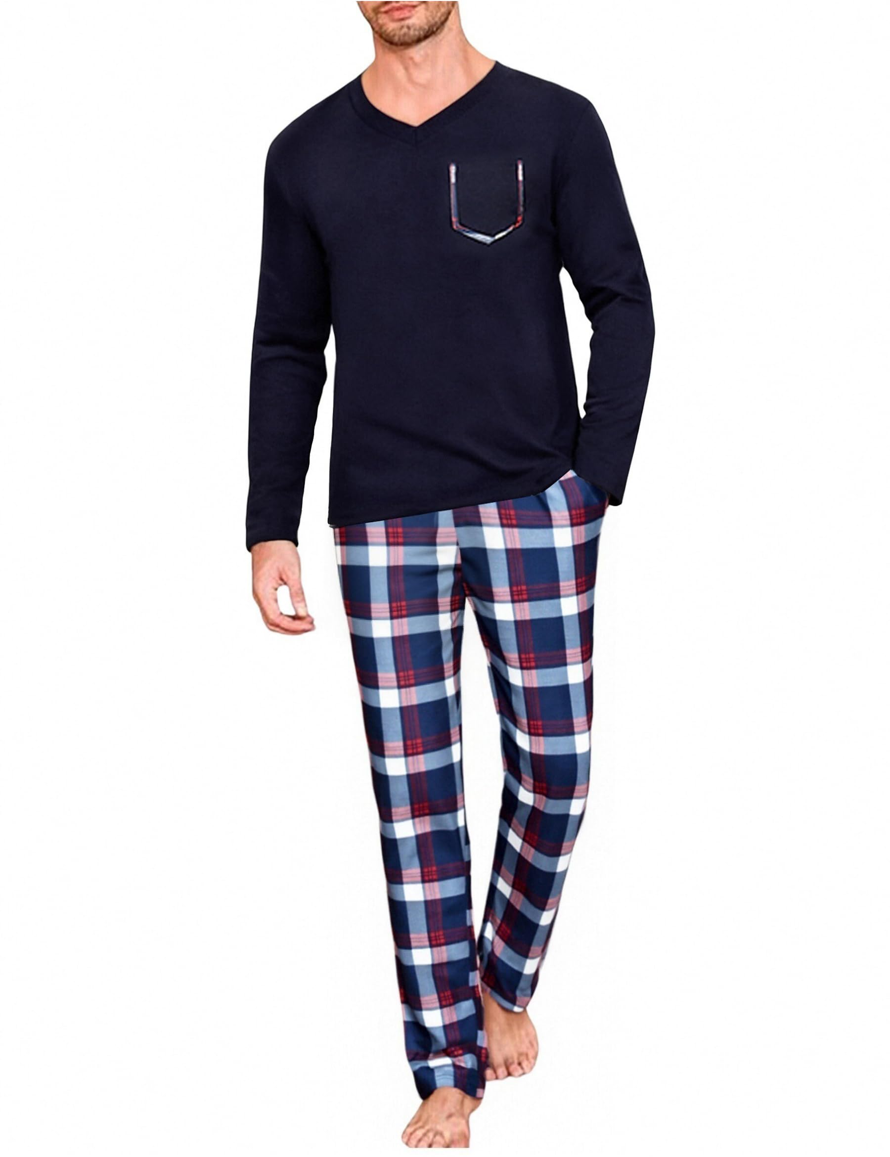 Uniexcosm Mens Pyjamas Set, Pjs for Men Sets Long Sleeve Top & Checked Pants with Pockets ...