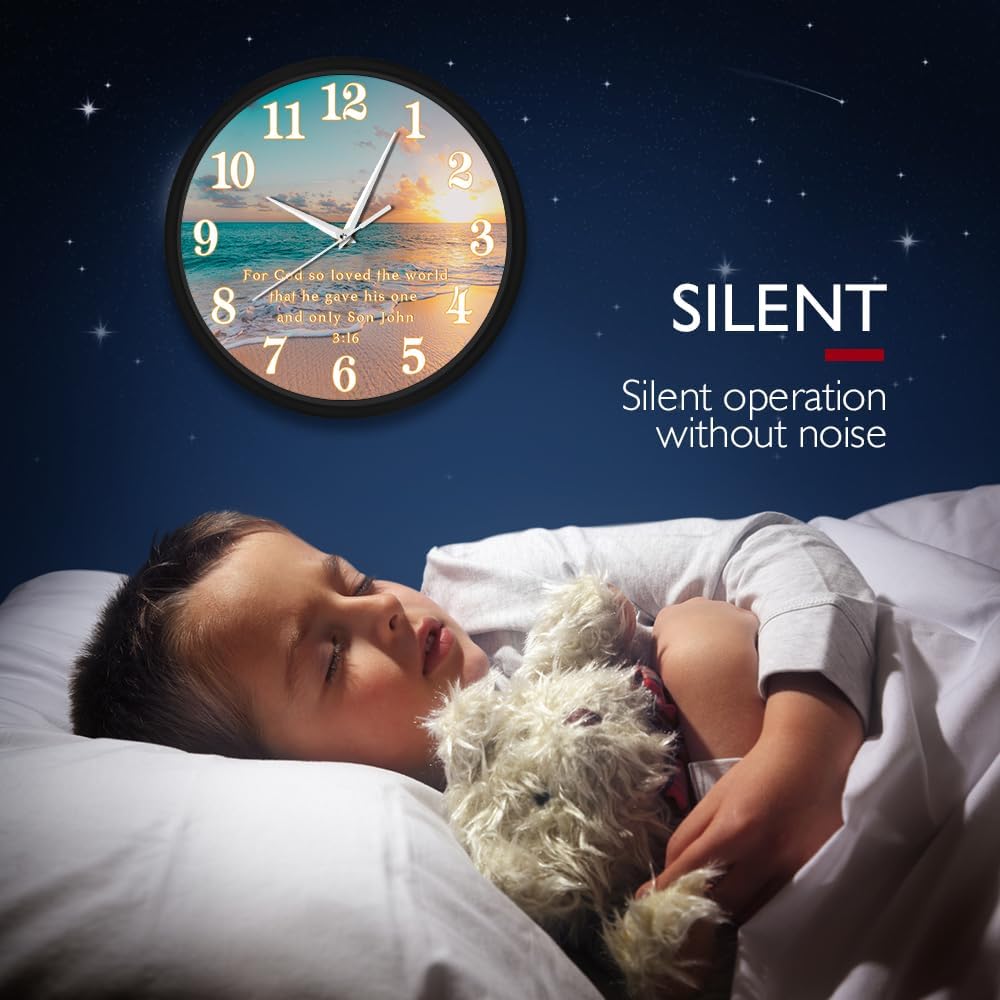 Sunset Ocean Beach Landscape Wall Clock with Metal Frame, 12 Inch Christian Faith Bible Verse John 3:16 Religious Wall Art Clock Silent Movement Battery Operated Wall Watch Clock for Bedroom