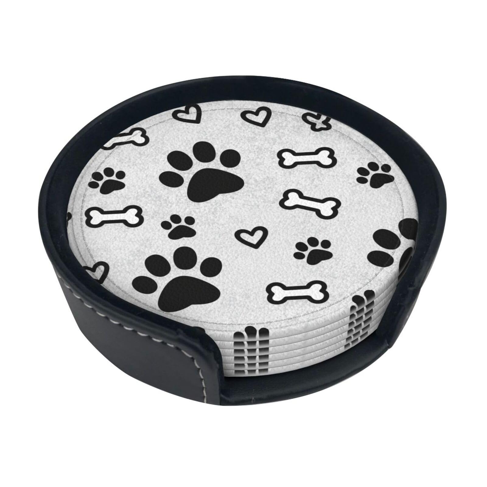 Bones and dog paws Leather Coasters-Set of 6 with Storage Holder