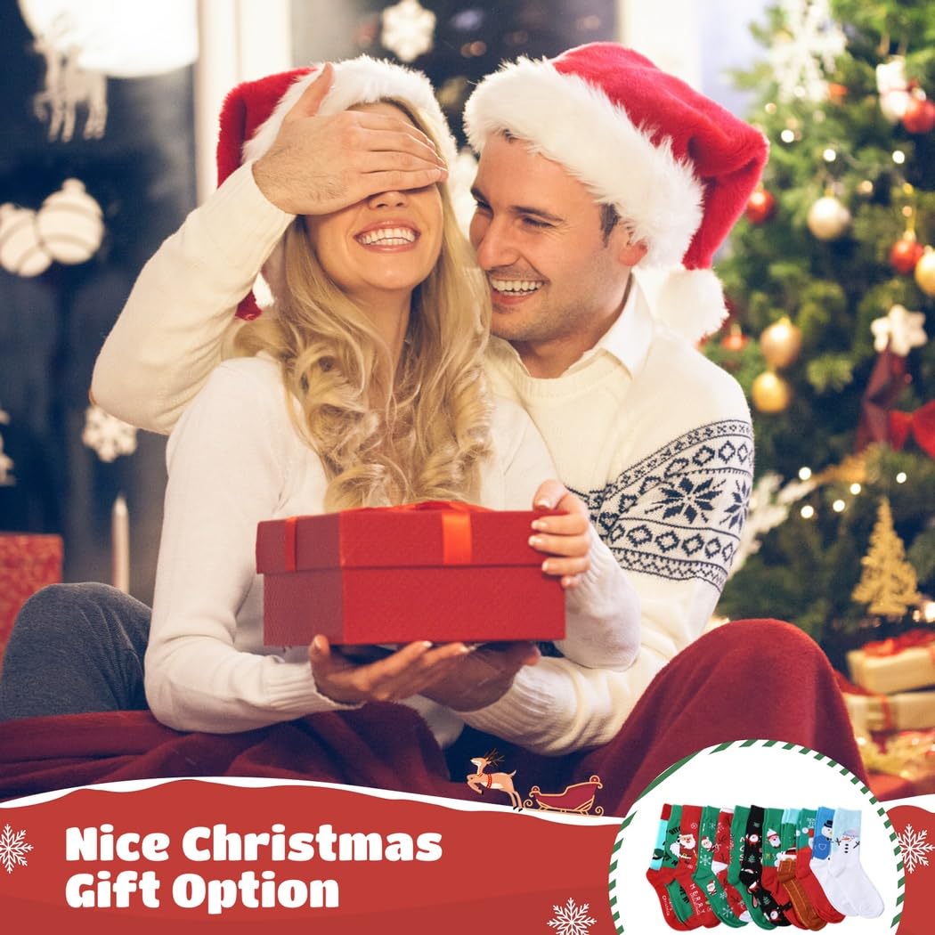 12 Paar Weihnachtssocken für Damen, Xmas Crew Socken mit Weihnachtsmann, Schneemann, Rentier, Muster, elastische Urlaubssocken, niedliche ausgefallene Socken für Weihnachtsgeschenk
