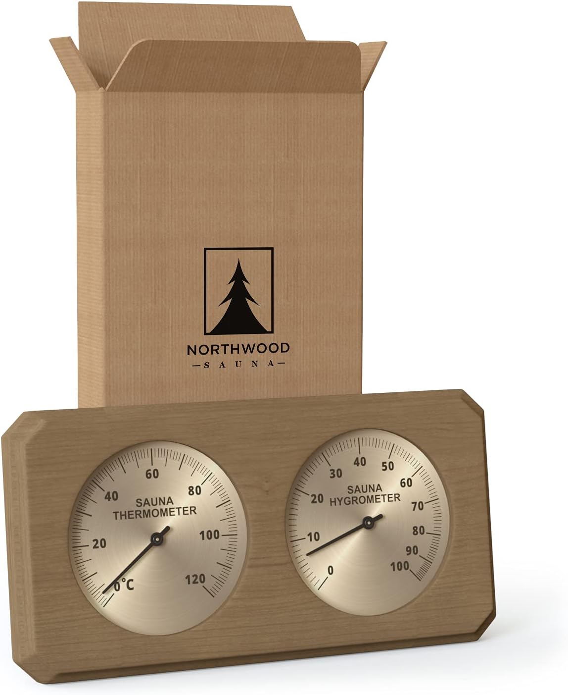 NORTHWOOD Sauna Thermometer & Hygrometer 2 in 1 - Handmade from Canadian Cedar Wood - Luxurious Glass and Golden Metal Dials