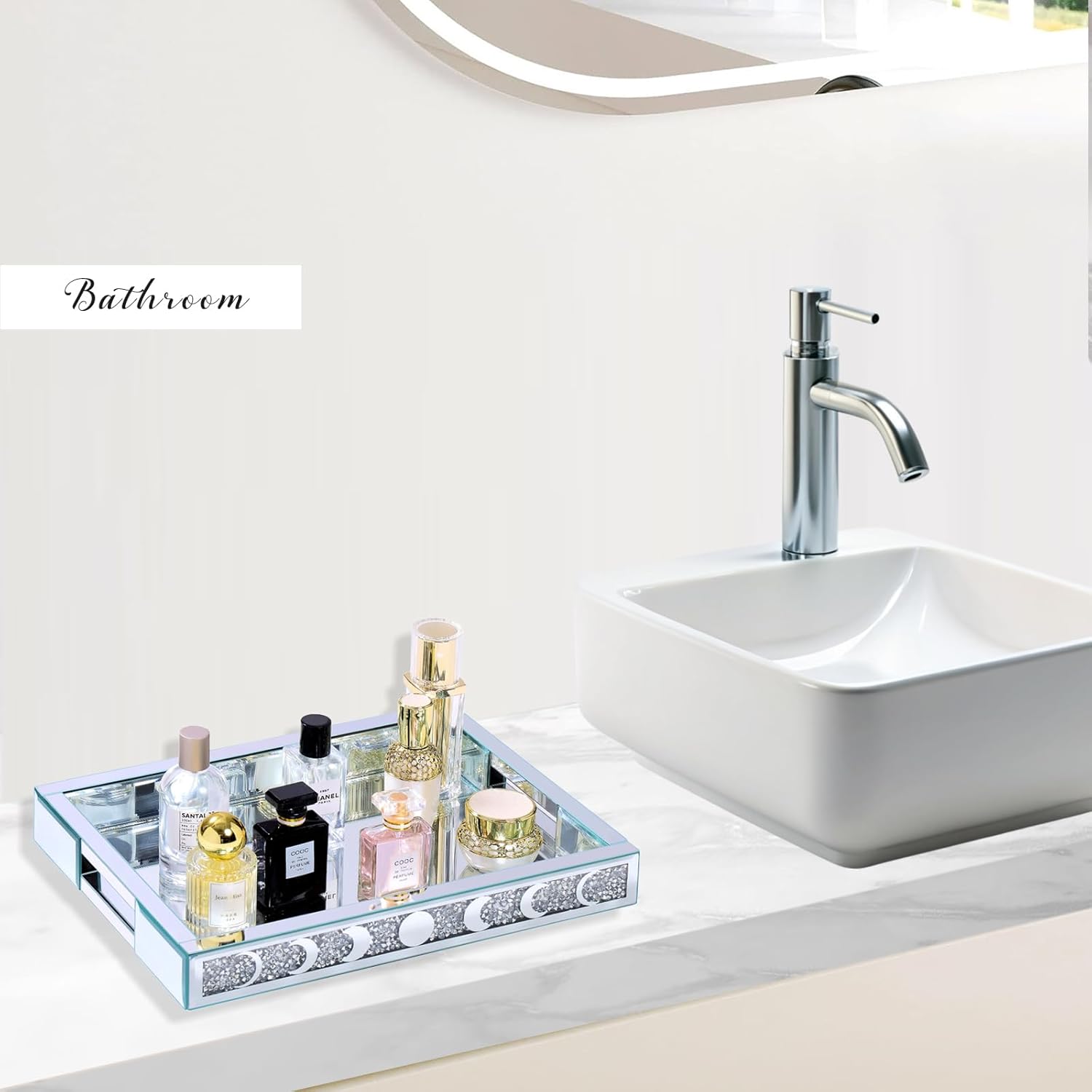 Crush Diamond Mirror Perfume Tray, Silver Glass Mirror Trays for Vanity, Table Trays Decorative, Moon Phase Pattern Vanity Trays for Bedroom Dresser Bathroom(15”x11”x2”)