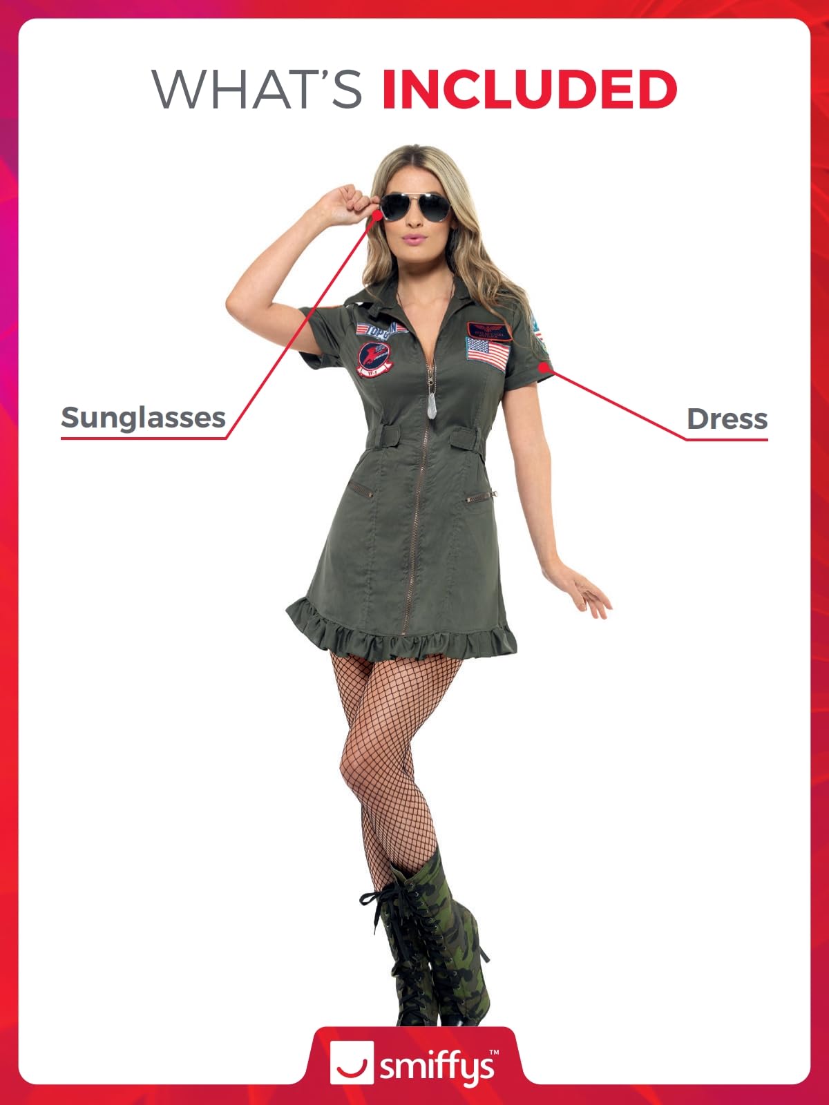 Smiffys Damski top Gun, zielony kostium Deluxe z sukienką i okularami przeciwsłonecznymi