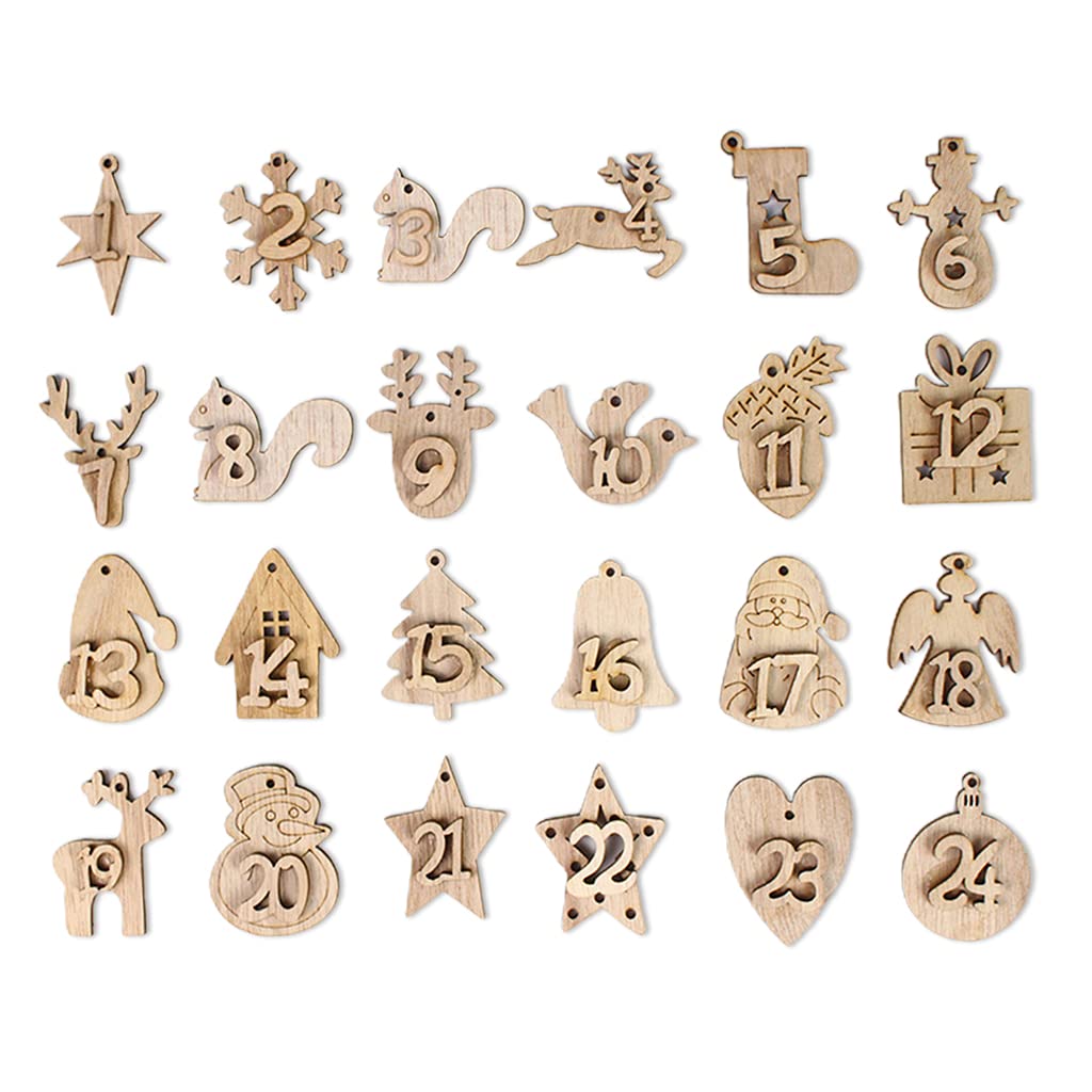 Buxuaaaa Creative Christmas Digital Hanging Tag 24 Sets Used for Wedding Birthday Christmas Travel Commemoration Hanging Tags Labels Wood with String Decor