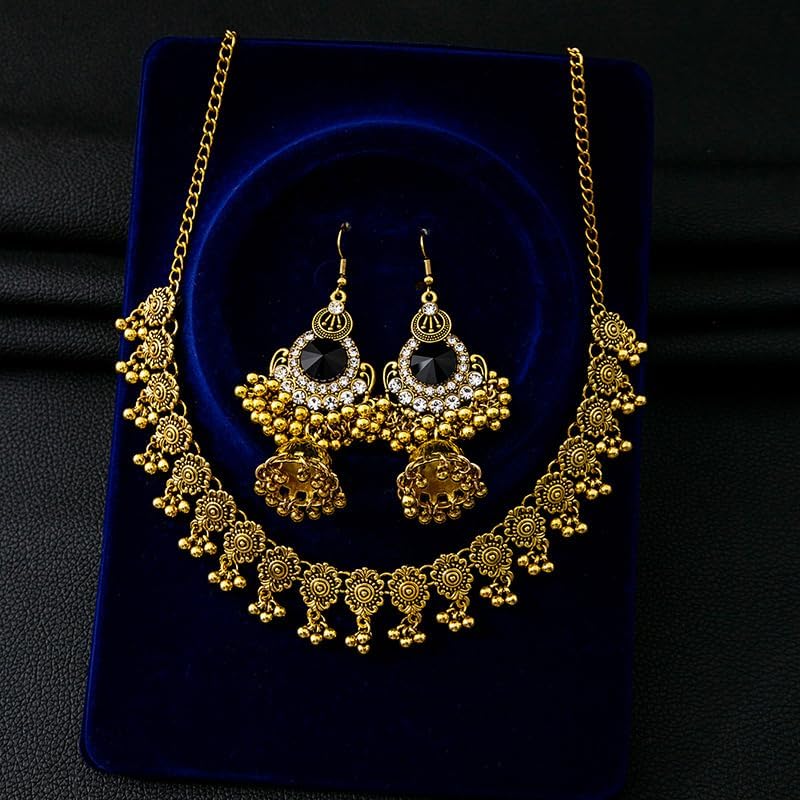 Indian Jewelry Sets for Women Bollywood Traditional Exaggerated Short Choker Necklace Antique Gold Vintage Boho Oxidized Ethnic Crystal Bell Tassel Dangle Earrings Jhumka Jhumk Collar Statement Wedding Bridal Costume Gifts - Image 3