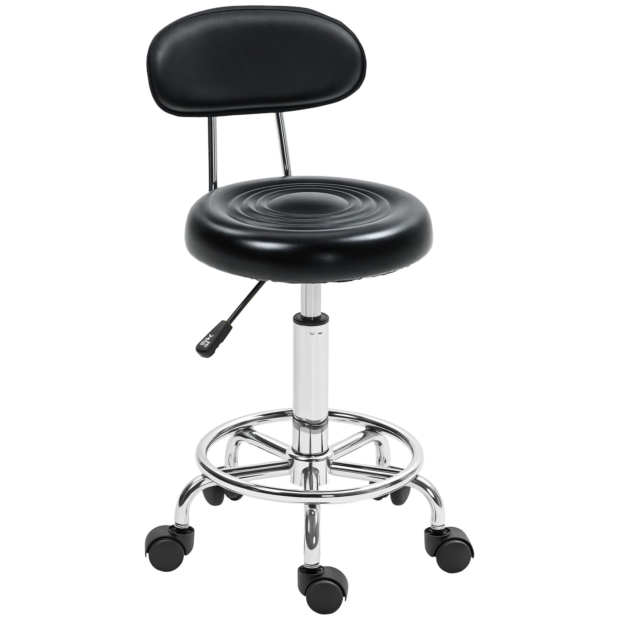 HOMCOM Taburete Giratorio con Ruedas y Respaldo, Taburete de Trabajo con Altura Regulable 70-86 cm, Asiento Tapizado de Cuero Sintético Negro