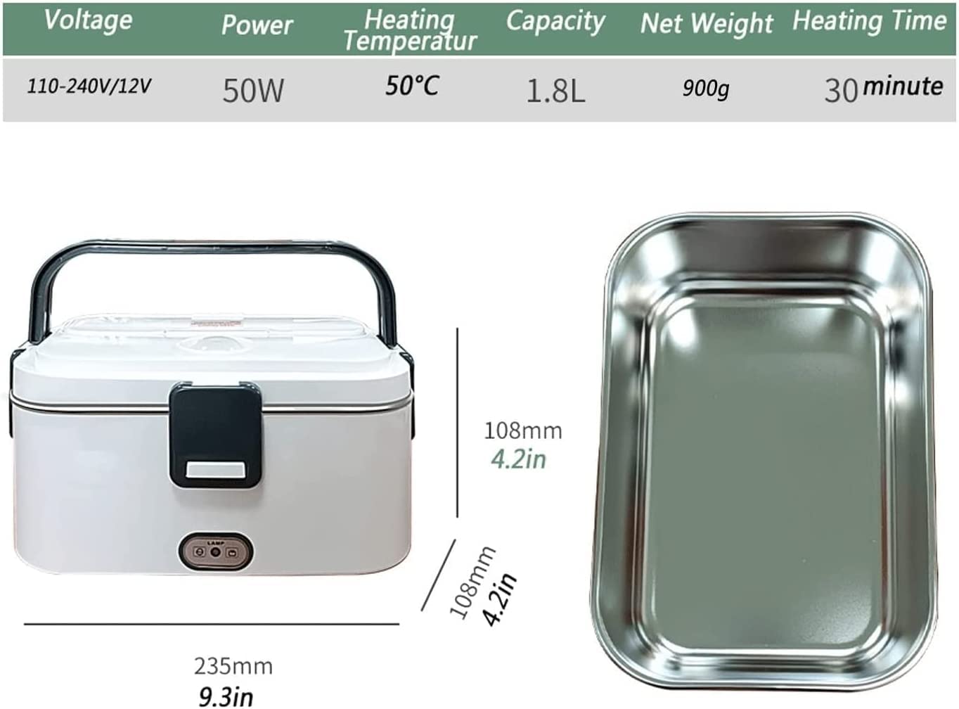 OLOTU Fiambrera Termica Fiambrera eléctrica portátil, Calentador de Alimentos con 1 Tenedor y 1 Cuchara, Caja de calefacción con contenedor de Acero Inoxidable de Grado alimenticio 304 1.5L