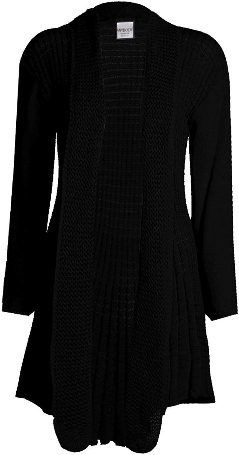 GirlzWalk@Womens Long Sleeves Plain Crochet Knitted Waterfall Cardigan Sweater (Black, ML/UK 12-14)