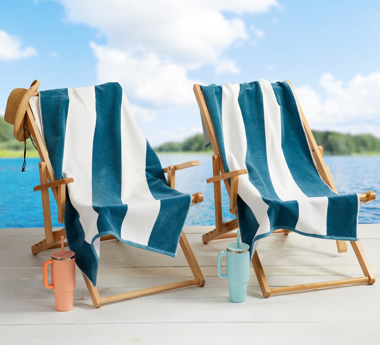 Loon & Lake Sand Resistant Beach Towels Set of 2 | Waffle Weave Reverse to Plush Velour Block Stripe | 2 Pack 30" x 60" | Crafted from 100% Combed Cotton | Wolfeboro Collection - Adriatic