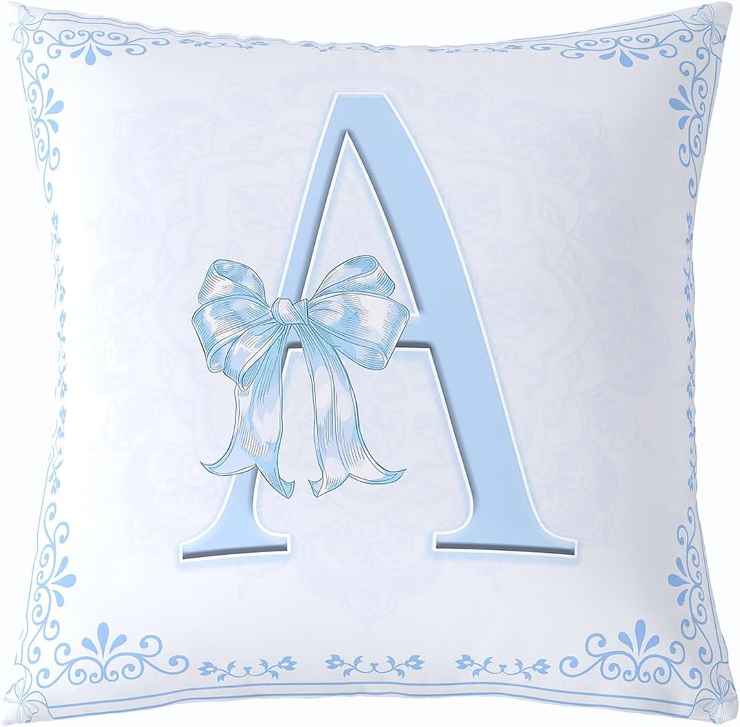 Manfei Blue Letter A Throw Pillow Cover Cute Princess Bowkont Double Sides Pillow Case for Kids Boys Girls,Watercolor Floral Bow Cushion Cover for Bed Couch Sofa,1 Pack 24"x24"