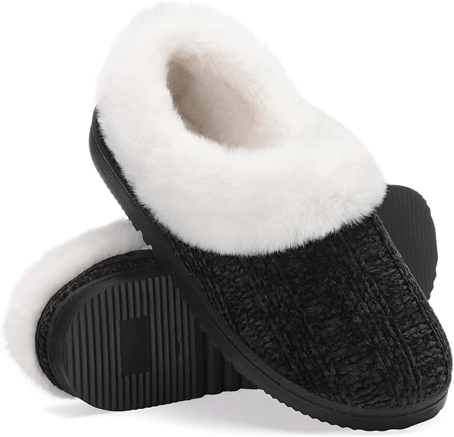 ATHMILE Fuzzy Fluffy Slippers for Women Memory Foam Knit Womens Slippers Non-Slip Bedroom Indoor Outdoor House slippers Shoes for Woman Closed Back