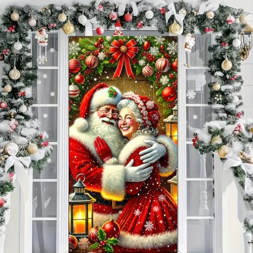 Image of BlissYard Christmas Door Cover Santa Mrs Claus 35x71 Inch Polyester