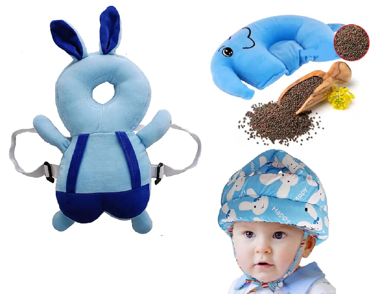 HUG PUPPY Baby Head Protector Cushion Plush Soft Toy-Full Protection Helmet Baby Head Protector Child Adjustable Shoulder Strap Mustard Seed Head Shaping Pillow Set of 3 (Blue) (B0CVF395V6) Amazon Price History, Amazon Price Tracker