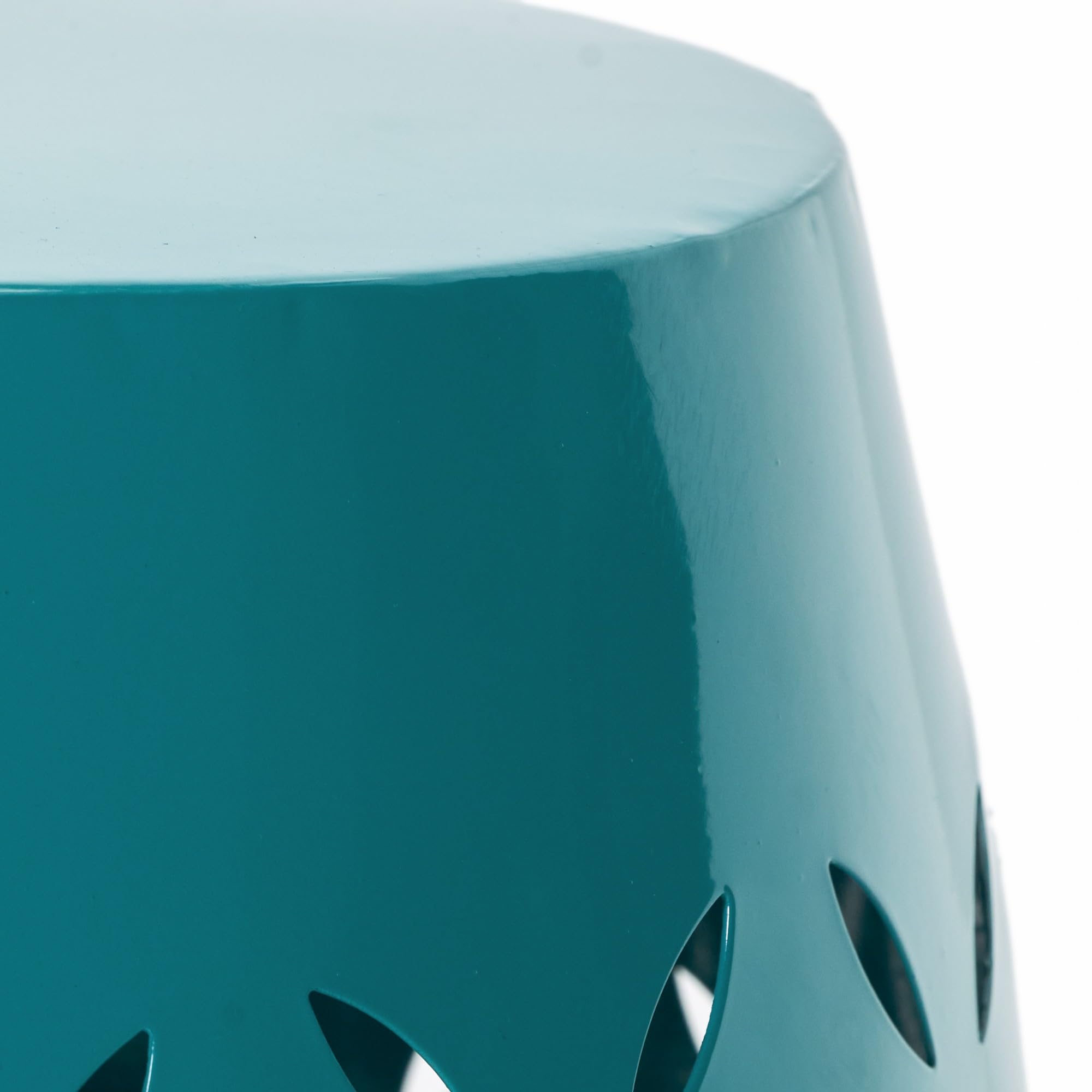 Metal Accent Side Table Cylindrical Sculptural Barrel End Piece Laser Cut Floral Pattern Indoor Outdoor Coffee Stand Modern Industrial Patio Balcony Porch Living Area Sofa Companion Stool (Teal)
