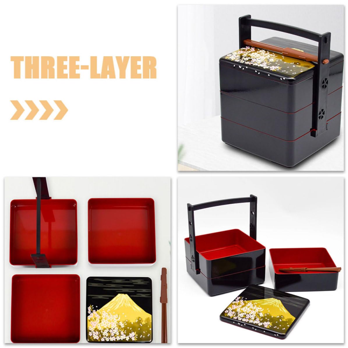 INOOMP Boîte à Bento Japonerie Pratique Noire en Abs Réutilisable Triple Compartiment Scellé pour Pique-niques et Rangement Alimentaire